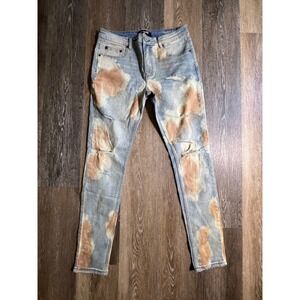 Serenade Distressed Jeans Mens 32 Blue Tan Excellent Bleached Slim Fit Denim